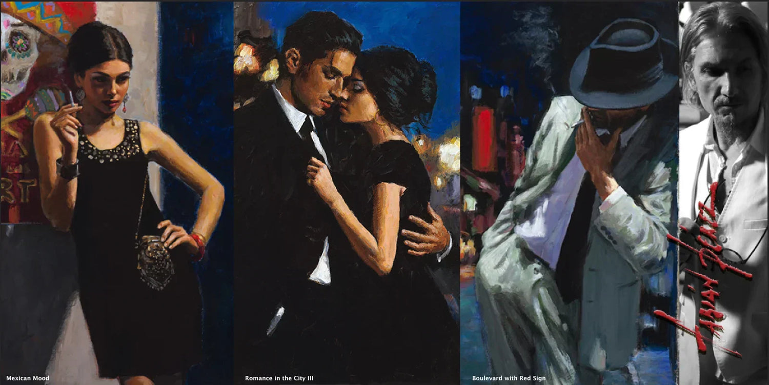 collage of 3 pictures by Fabian Perez and a 4th picture that is one of Perez himself