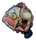 A hand-painted fish-shaped decorative plaque or sign, tied with a rustic jute rope across the center.