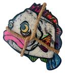 A hand-painted fish-shaped decorative plaque or wall hanging with a thick natural jute rope tied across the center.